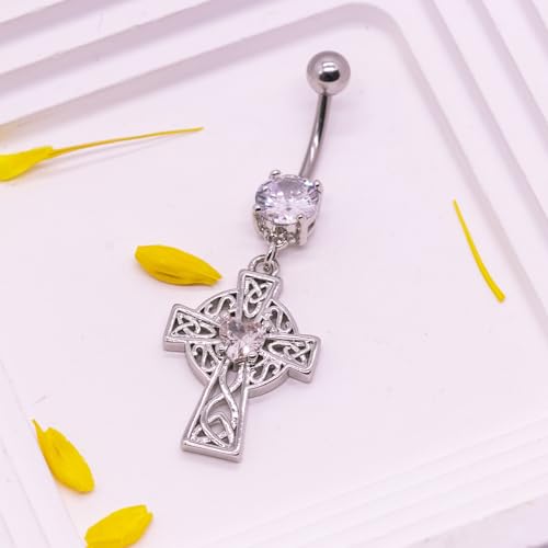 VERAMI 14G 316L Celtic Cross Belly Button Ring Surgical Steel Paved Gems Dangling Belly Button Ring Body Piercing Jewelry - color: Silver：C-4