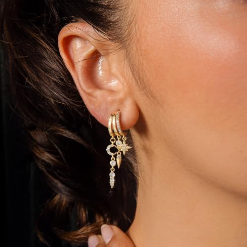 14K Gold Plated Dangle Earrings for Women, Dainty Hoop Huggie Studs, Long Hanging Tassel Chain Multi Pierced Ear Stacking Jewelry Gifts - color: Star Moon Dangle-Gold