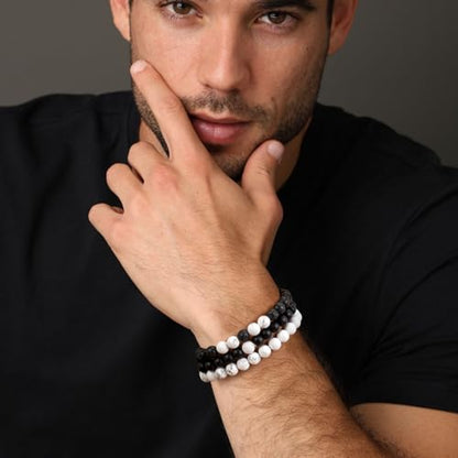Mens Bead Bracelet Set - Adjustable Elastic Rope With 6&8MM Natural Stone Multi-Colored Beads - Tiger Eye Bracelets for Men - Gift - style: 3,white,black bracelet