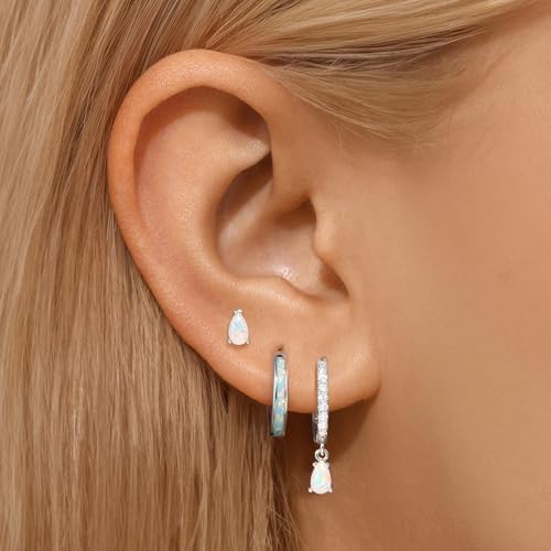 Opal Earrings Set for Women, Birthday Gift for Her, Sterling Silver | 14K Gold Plated, Hypoallergenic S925 Opal Hoop Stud Earrings for Women with Sensitive Ears, Dainty earring Stacks—Trendy Opals Jewelry 2026 - color: Silver Teardop Opal