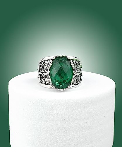 Filigranist 925 Sterling Silver Filigree Art Lace Embroidery Tulip Detailed Gemstone Women Cocktail Ring, Luxurious Gift Boxed - color: Emerald