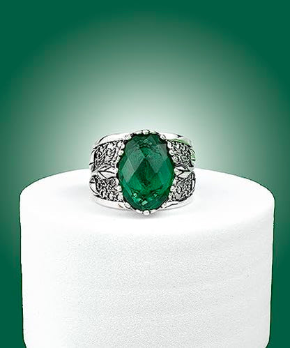 Filigranist 925 Sterling Silver Filigree Art Lace Embroidery Tulip Detailed Gemstone Women Cocktail Ring, Luxurious Gift Boxed - color: Emerald