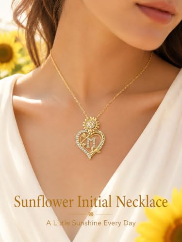 14K Gold Sunflower Initial Necklaces for Women | Heart Letter Pendant You Are My Sunshine Jewelry Gifts - style: M