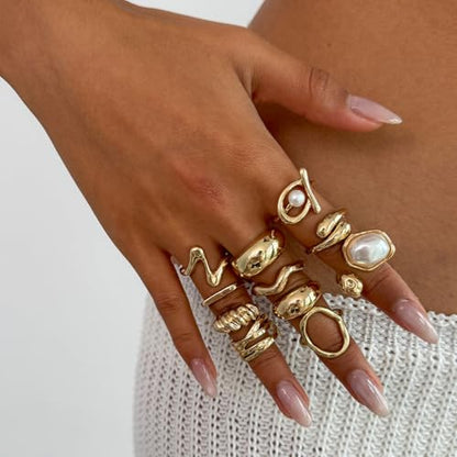 CSIYANJRY99 Gold Silver Rings Set for Women Trendy Irregular Chunky Gold Ring Baroque Pearl Rings Stackable Statement Knuckle Ring Jewelry - color: B-Gold