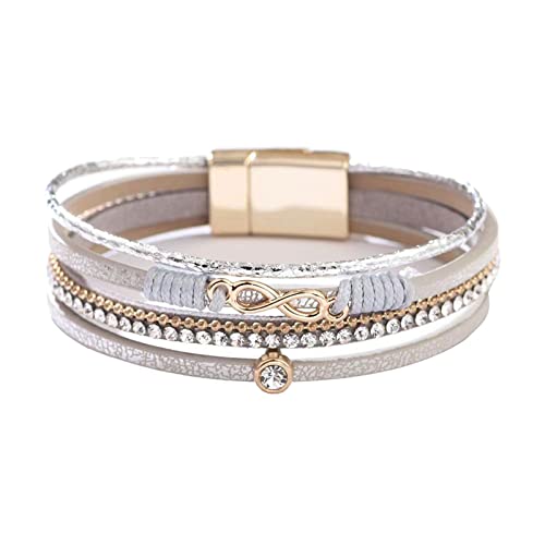 KunBead Infinity Leather Wrap Bracelets for Women Handmade Braided Boho Multi-Layer Bracelet Wristband Cuff Bangle Birthday Jewelry - color: grey
