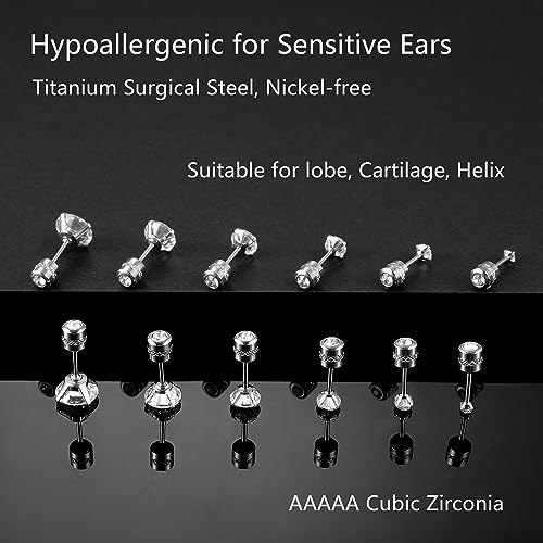 Titanium Surgical Steel CZ Screw Back Stud Earrings Set Hypoallergenic | Cubic Zirconia, Stainless Steel, Mens, Small, Dainty, Silver, Hypoallergenic for Sensitive Ears, Lobe, Cartilage, Helix - color: Round Clear - 2/3/4/5/6/7mm