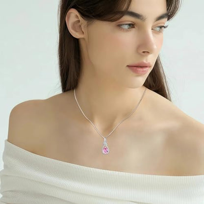 Infinity Teardrop Necklace Silver Tone Pendant Birthstone Jewelry for Women - color: Pink