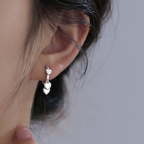 LOVECOM 925 Sterling Silver Heart Dangle Earrings for Women 14K Gold Plated Dainty CZ Love Hearts Charm Huggie Hoop Earrings to Daughter Birthday Wedding Graduation Gifts Jewelry Gifts - color: Silver