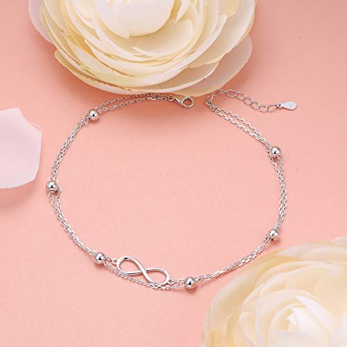 Flyow Anklet for Women S925 Sterling Silver Adjustable Foot Beaded Heart Charm Ankle Bracelet Anklets Jewelry - style: infinity 9+1