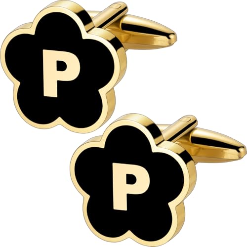 Initial Cufflinks for Mens,Personalized Black Glod Pated Letter Shirts CuffLinks,Stainless Steel Cuff Links, Business Wedding Gift A-Z - style: Letter P