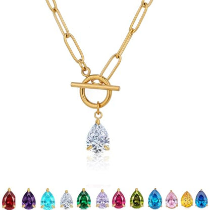 Teardrop CZ Pendant Paperclip Chain Necklace 18K Plated Paperclip Toggle Necklace Jewelry Birthstone Gift for Women - color: CZ-April