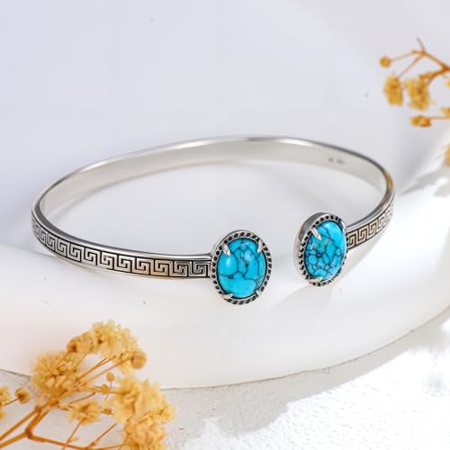 925 Sterling Silver Oval Turquoise Exquisite Cuff Bracelet Boho Style Adjustable Bracelet Jewelry Gifts for Women Mother - style: Cuff Bracelet 4