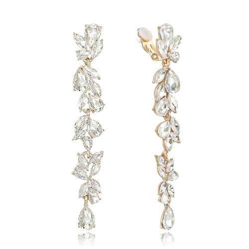 Crysdue Clip On Earrings for Women Rhinestone Crystal Teardrop Cluster Wedding Bridal Non Pierced Long Dangle Earring for Prom Party - color: Clear Gold-Tone