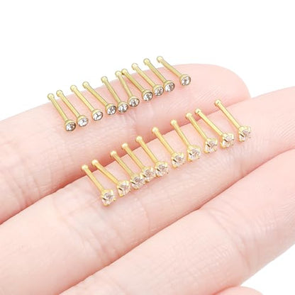 20Pcs Nose Rings Studs Surgical Steel L-Shape Nose Rings for Women 1.5mm 2mm Cubic Zirconia Nose Screw Studs Hypoallergenic Nose Piercings Jewelry 24g 22g 20g 18g - color: straight,goldtone, size: 20g,2mm CZ