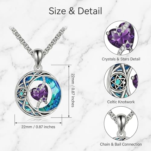ONEFINITY Moon Star Necklace 18K White Gold Plated Celtic Moon Birthstone Pendant Necklaces Heart Birthstone Anniversary Birthday Jewelry Gifts for Women Wife Mom - style: February