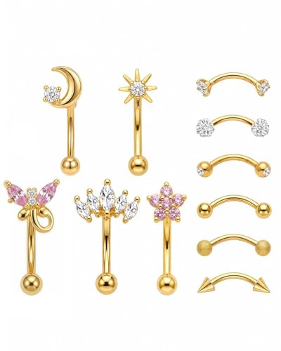 YACHY 11PCS/9PCS 16G Eyebrow Piercing Jewelry for Women Men, Eyebrow Rings Rook Earrings Rook Piercing Jewelry Belly Lip Ring Curved Barbells Eyebrow Piercing Cartilage Daith Helix Tragus Body Piercings - color: 11PCS-8mm-Gold