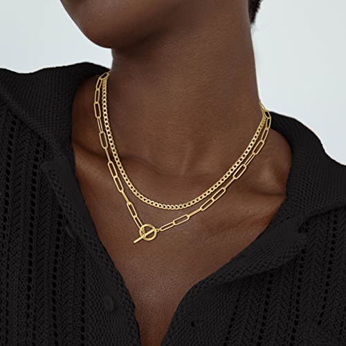 CHESKY 14K Gold Plated Layered Chain Necklace for Women | Trendy Cuban Link Chain, Chunky Paperclip Chain, Toggle Clasp Necklace, Fashion Gold Jewelry, Daily Gift for Women - style: Toggle/Paperclip-GD