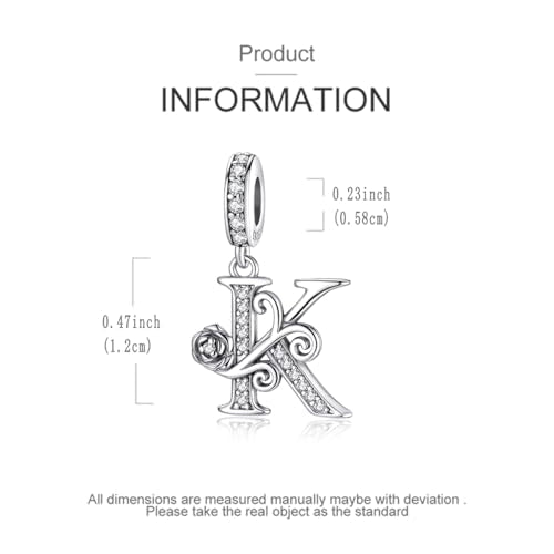 LNQOBU Complete A~Z Alphabet Charm Letter Beads, Solid 925 Sterling Silver with Cubic Stones Rose Alphabet Charm fits Pandora Bracelets Necklace Women Jewelry - color: CYT-K