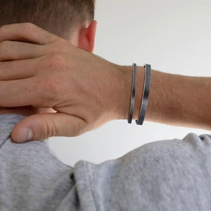 Stainless Steel Mens Cuff Bracelet : Minimal Cool Silver/Black/Gold Plated Open Metal Cuff Bangle Bracelets for Men,Mens Bracelet Jewelry Gift - color: Antique Grey-2-Pack, size: Medium( fit 5.5"-7.2" wrist)