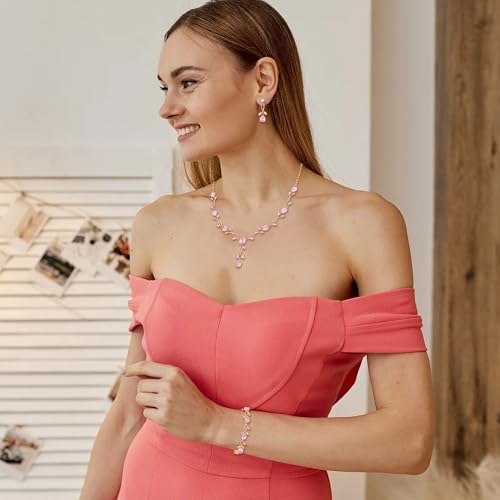 Crysdue Wedding Jewelry Set for Brides Bridesmaid, Cubic Zirconia Teardrop Marquise Leaf Cluster Pendant Necklace Bridal Tennis Bracelet Drop Earrings for Women Party Prom - style: A- CZ set-pink, rose gold