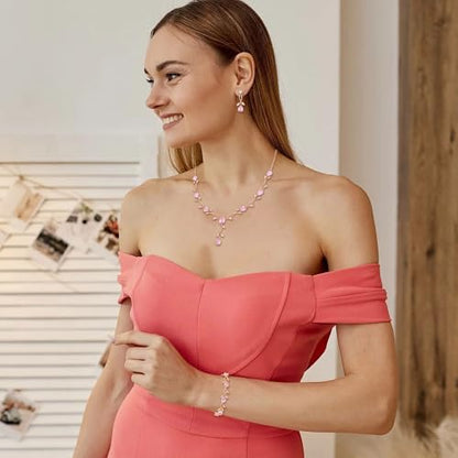 Crysdue Wedding Jewelry Set for Brides Bridesmaid, Cubic Zirconia Teardrop Marquise Leaf Cluster Pendant Necklace Bridal Tennis Bracelet Drop Earrings for Women Party Prom - style: A- CZ set-pink, rose gold