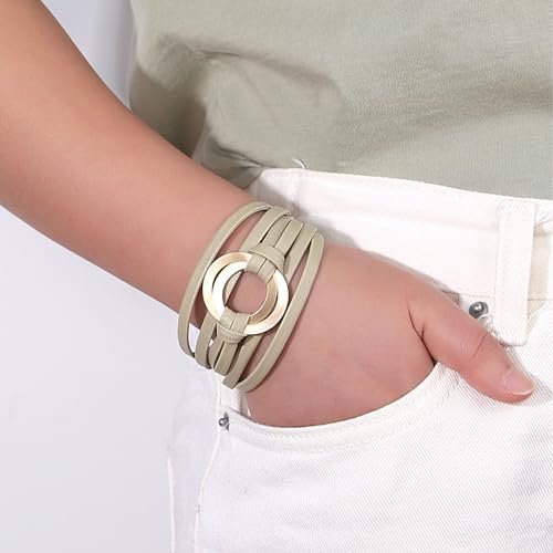 hotoo Circle Charm Bracelets for Women Handmade Leather Wrap Bracelets for Couples Friendship Bracelet Bohemian Cuff Bangle Boho Jewelry Gift - color: Grey
