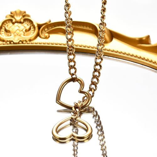 Qitian Stainless Steel Adjustable Lariat Y-Necklace for Men,Punk Gothic Cuban Necklace Jewelry,Heart O-ring Slip Chain Necklace for Women - color: Gold