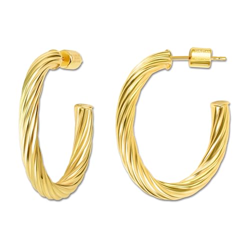 18K Gold Plated Sterling Silver Earrings for Women – Pure & Polished, Twist, Square, Hinged Tube, Abstract & Heart Shape Hoops – Lightweight, Hypoallergenic, Non-Tarnish Jewelry (Sizes: 3x35mm-46x30mm) - color: Gold, size: Twist Hoop (4x25x30mm)
