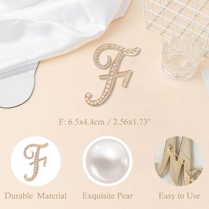 A-Z Initial 26 Letter Brooch Pins, Gold Faux Pearl Alphabet Badges Breastpin for Hat Bag Dress Coat Suit Accessory, Elegant Name Personalized Gifts for Women Men - color: F