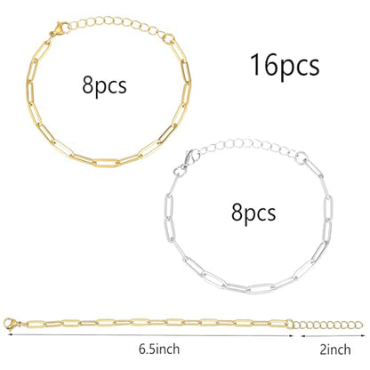 16 Pack Charm Bracelet Chain Bulk Gold Plated Stainless Steel Paperclip Chains Bracelets for DIY Jewelry Making - color: Gold and Silver