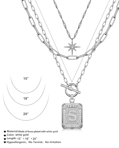 MJartoria Layered Initial Necklaces for Women | 14K Gold Plated Brass, Star Choker, Square Letter Pendant, Paperclip Chain - color: Silver, style: S