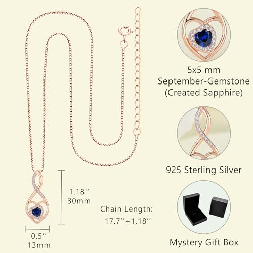 Infinity Heart Rose Gold Jewelry Set for Women 925 Sterling Silver Sapphire Necklace and Earrings Set September Birthstone Jewelry Gifts