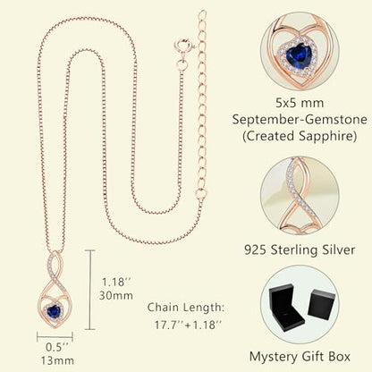 Infinity Heart Rose Gold Jewelry Set for Women 925 Sterling Silver Sapphire Necklace and Earrings Set September Birthstone Jewelry Gifts
