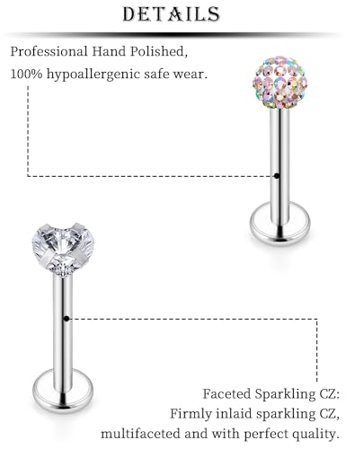 16G Lip Labret Medusa Rings Studs Internally Threaded 316L Surgical Steel Snake Bite Lip Rings Flat Back Catilage Tragus Helix Daith Earrings Piercings Jewelry for Women Men 8mm - color: 16G-6mm Bars