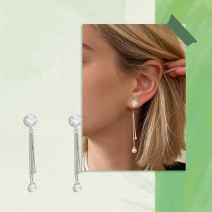Long Tassel Pearl Drop Earrings, Silver-Tone CZ Crystal Earrings with Faux Pearl for Women, Elegant Korean Style