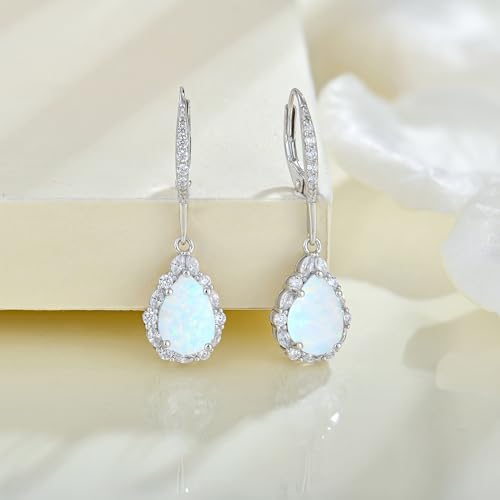 Created Opal Earrings 925 Sterling Silver Leverback Drop Dangle Earrings 5A Cubic Zirconia Jewelry for Women - color: B white opal