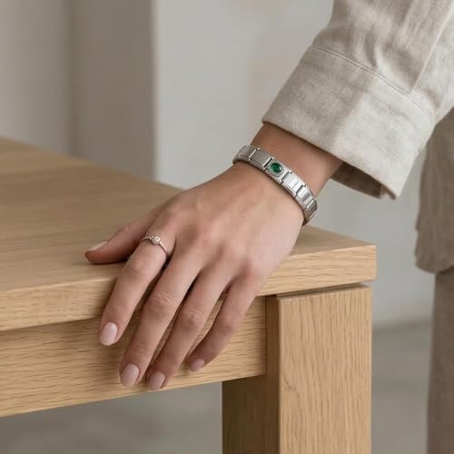 GEMOSA Birthstone Italian Charm Bracelet - 18 Links 9mm x 10mm Stainless Steel Base Bracelet with Birthstone Charm & Link Opener Tool, Polished Silver Finish Jewelry Gift Box Set for Women - color: 05-May-Green