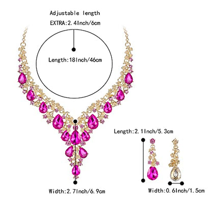 Wedding Bridal Necklace Earrings Jewelry Set for Women | Gorgeous Austrian Crystal Teardrop Flower Cluster for Bridal Bride Bridesmaid - color: 2Pcs-Hot Pink Gold-Tone