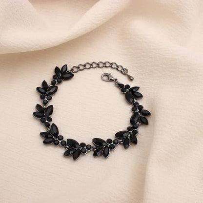 Bridal Wedding Crystal Leaf Choker Necklace Dangle Earring Bracelet Brides Bridesmaid Jewelry Set for Women - color: Black-Jet