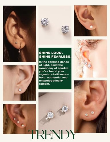 Kainier Women's 14K Gold Plated CZ Stud Earrings Simulated Diamond Round Cubic Zirconia Ear Stud Set（5 Pairs)… - color: Platinum