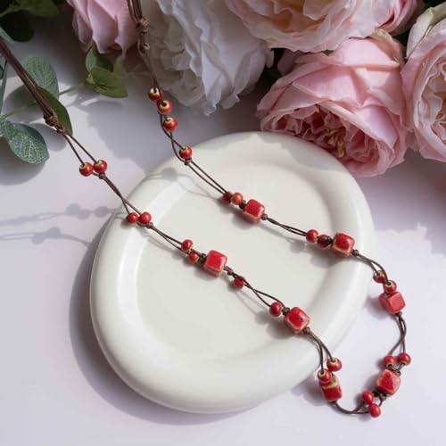 Bohemian Long Beaded Necklace for women, Colorful Hippie Long Layered Necklace, Handmade Boho Jewelry Gift for Mom - color: Red
