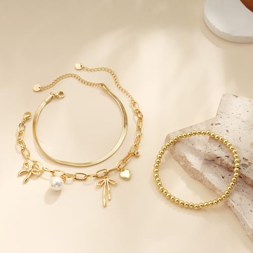 3PCS Charm Gold Bracelets for Women Non Tarnish,14k Plated Gold Bracelet Stack Cute Dainty Stackable Trendy Bow Cross Clover Bracelets Set Tarnish Free Gold Jewelry for Women Gifts - color: Pearl Bow-Gold