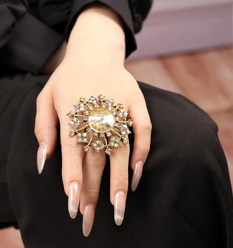 Elegant Big Crystal Ring for Women Gold Stacking Pearl Rhinestone Flower Rings Open Finger Adjustable Crystal Statement Ring Jewelry for Bridal Wedding - color: Crystal 6-gold
