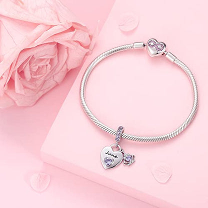 Birthstone Charms for Charms Bracelet: 925 Sterling Silver Heart Dangle Charms for Bracelets and Necklaces, Birthday Mother's Day Christmas Gifts For Women. - color: June