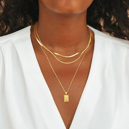 Gold Layered Necklaces for Women Stack Boho Stacking Layering 14K Gold Plated Chain Necklaces Set Cuban Link Herringbone Twist Chain Square Coin Pendant Necklace Jewelry Gifts Trendy Stuff - color: A Gold Layered Square Necklace