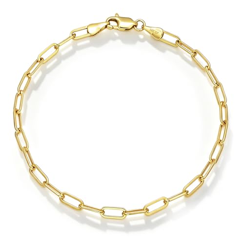 NOKMIT 14K Gold Filled Paperclip Bracelets for Women Men, 3mm/4mm/5mm Rectangular Paper Clip Link Bracelet, 6.5-8 Inches, Hypoallergenic, Non-Tarnish, Pulsera de Oro 14K para Mujer - color: 3mm, size: 6.5 Inches