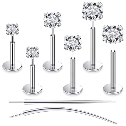F136 Titanium 20/18/16G Earrings Nose Lip Rings Medusa Tragus Cartilage Helix Labret Flat Back Threadless Implant Grade Stud Piercing Jewelry for Women - color: White CZ, size: 16g*6/8/10mm*2/3/4mm