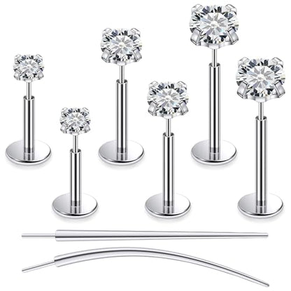 F136 Titanium 20/18/16G Earrings Nose Lip Rings Medusa Tragus Cartilage Helix Labret Flat Back Threadless Implant Grade Stud Piercing Jewelry for Women - color: White CZ, size: 16g*6/8/10mm*2/3/4mm