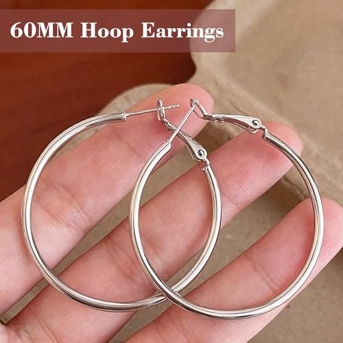 1 Pairs 60/70mm Silver 14K Gold Rose Gold Hoop Earrings for Women Hypoallergenic Stainless Steel Lightweight Big Hoops Shiny Dangle Earrings Trendy Jewelry Gifts - color: 60mm-Silver Hoop Earrings