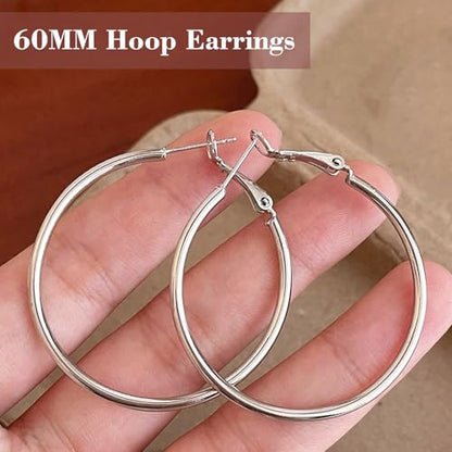 1 Pairs 60/70mm Silver 14K Gold Rose Gold Hoop Earrings for Women Hypoallergenic Stainless Steel Lightweight Big Hoops Shiny Dangle Earrings Trendy Jewelry Gifts - color: 60mm-Silver Hoop Earrings